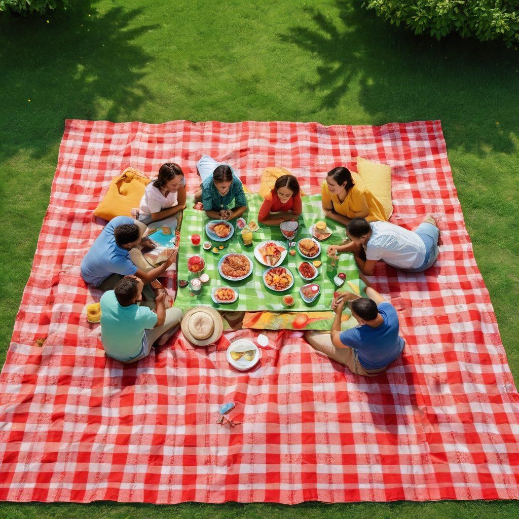 A warm and inviting family scene depicting a diverse family enjoying a picnic in a sunny park, surrounded by symbols of love and stability such as heart-shaped icons and safety umbrellas. Include elements representing insurance policies, like a folder with a heart logo, and children playing happily, emphasizing joy and security. The scene should evoke feelings of togetherness and protection. super-realistic. vibrant colors. outdoor setting.
