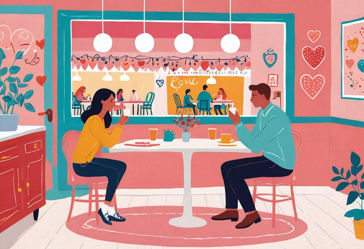 A couple sitting at a cozy café, discussing their love insurance plans while surrounded by hearts and protection symbols. In the background, a family with children happily exploring life, emphasizing the importance of love and future security. Soft pastel colors with a warm, inviting atmosphere. vector art. vibrant colors.