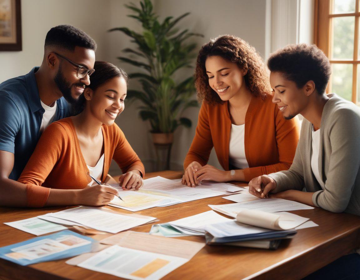 An illustration of a diverse family gathered around a table with documents, discussing insurance plans, surrounded by symbols of security like shields and locks. A warm and inviting atmosphere, showing connection and trust among family members. Include icons representing different types of insurance: health, home, and auto, hovering around them. Emphasize a sense of guidance and expertise, with a soft light illuminating the scene. vibrant colors. digital art.